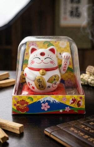 Maneki-neko articulo decorativo en la tienda oshun en Paraguay